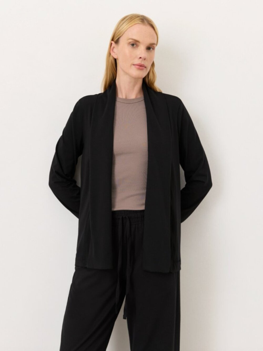 Pact Organic Cotton Luxe Essential Open Front Swing Cardigan Pockets in Black, M